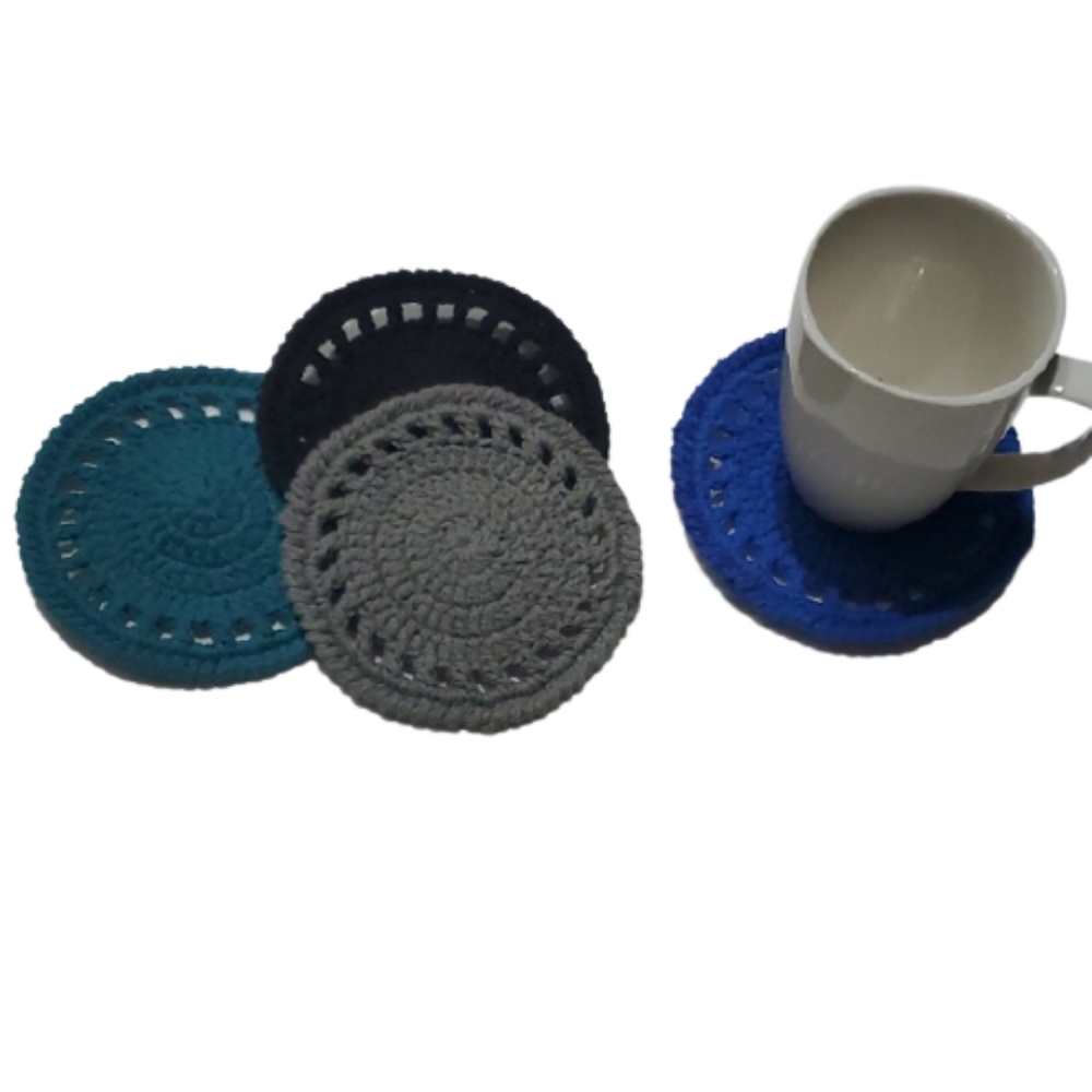Ecofriendly Cotton Round Coaster Set of 4-Handmade Crocheted- Mixed Dark Colors